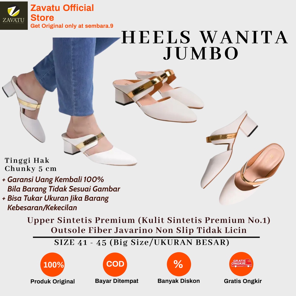 Zavatu Sepatu Heels Bustong Wanita Ukuran Besar Model Bustong Hak Tahu Chunky Tipe ZVT 173 Putih Big