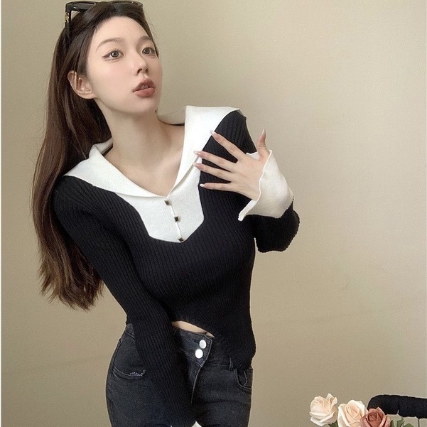 YIU YIU Rajut - Knitwear Top Polos Wanita Lengan Panjang Premium