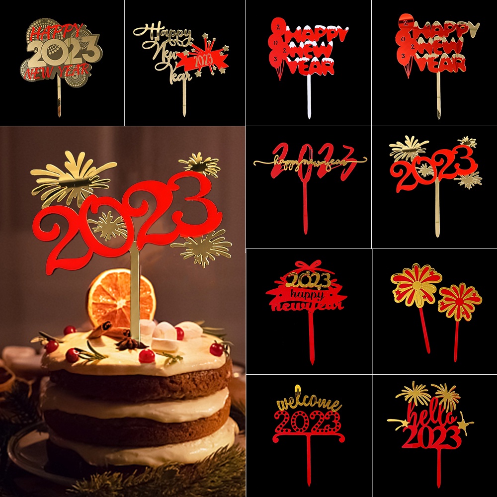 Topper Kue Ulang Tahun Anak / Dewasa Desain Happy New Year / Natal / Tahun Baru Bahan Akrilik 2023