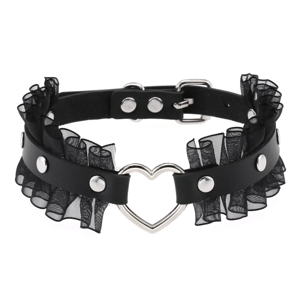 Kalung Choker Rantai Klavikula Bahan Kulit PU Aksen Renda Liontin Hati Gaya Harajuku Punk Goth Untuk Wanita