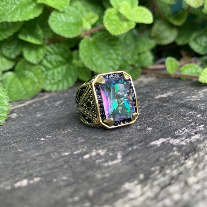 Cincin Pria Batu Mystic Rainbow Mistik Quartz Ring Gaya Turki