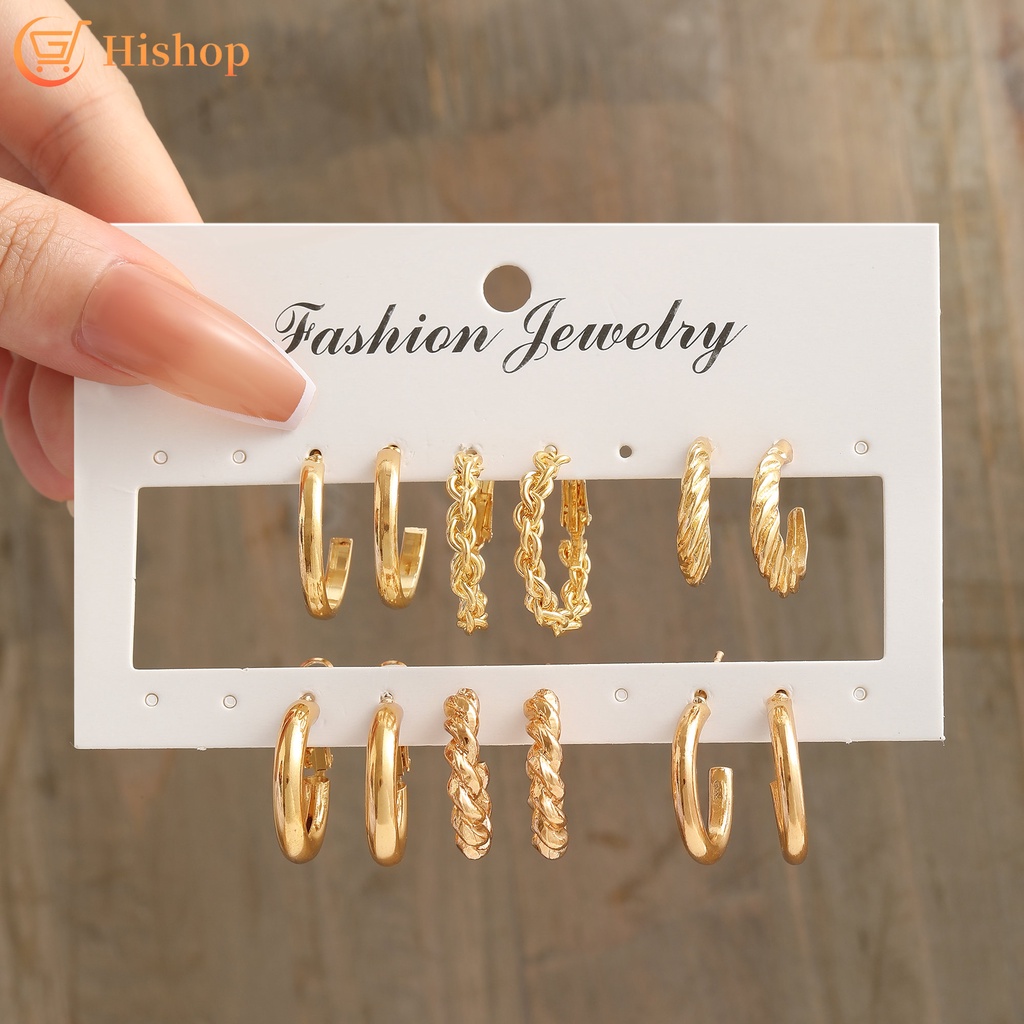 6 Pasang / Set Anting Hoop Warna Emas Gaya Retro Untuk Wanita