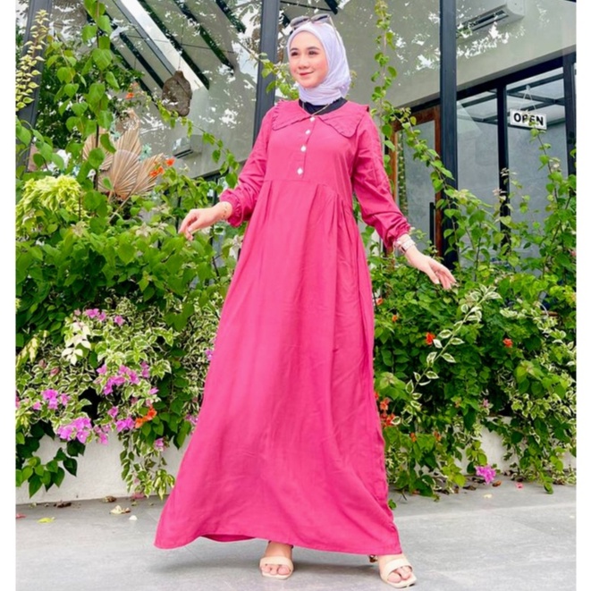 Gamis Amelia Bahan Rayon Maxi Dress Wanita Muslim Kancing Depan Terbaru