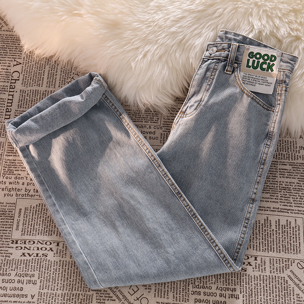 Kekinian Korean Fashion Highwaist Loose Straight Kulot Jeans Wanita(Good Luck )（Realpict）