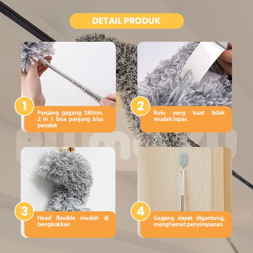 Rumaku Kemoceng Alat Pembersih Debu Rumah Teleskopik Bulu Microfiber Gagang Panjang 2,8 Meter Adjustable