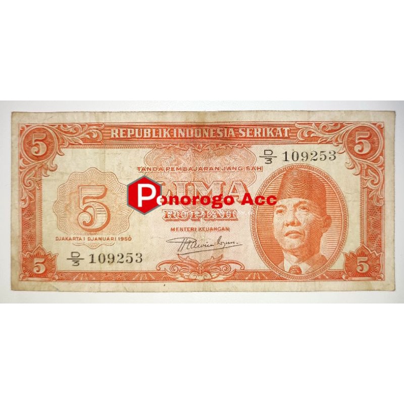 (USED/ASLI) Uang kuno 5 rupiah RIS tahun 1950 rp 5 sukarno soekarno RIS rp.5 uang kuno jaman Republik Indonesia Serikat Tahun 1950