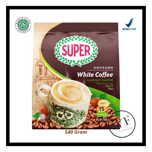 

SUPER WHITE COFFEE HAZELNUT/ CHARCOAL ROASTED COFFEE 3IN1 HAZEL 540GR