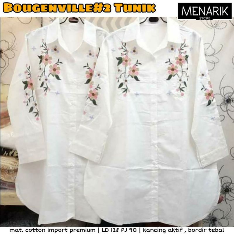 BANYAK MOTIF Tunik Putih Jumbo Bordir Bunga Import Full Kancing