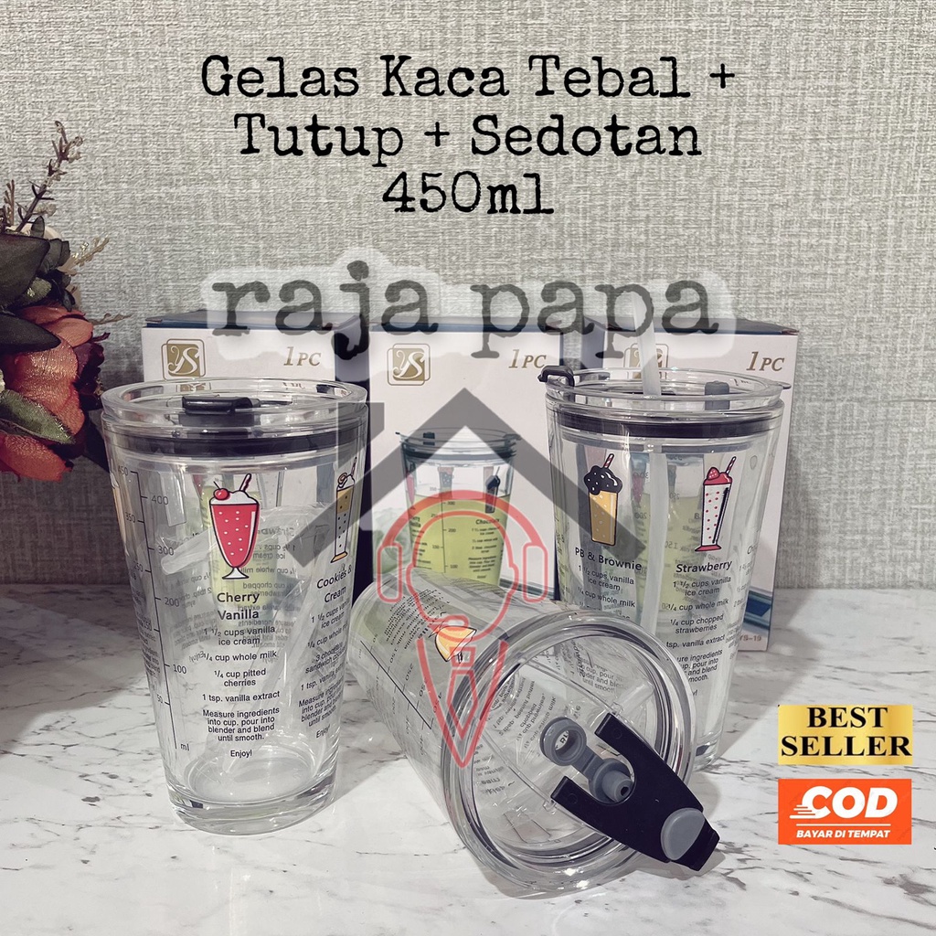 GELAS KACA TEBAL / GELAS TUMBLER + TUTUP + SEDOTAN 450ML