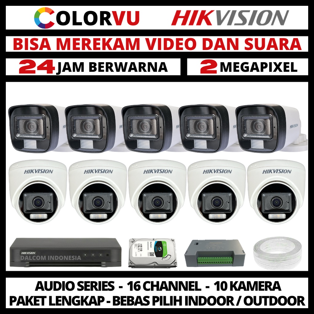 PAKET CCTV HIKVISION COLORVU 2MP 16 CHANNEL 10 KAMERA COLORFUL