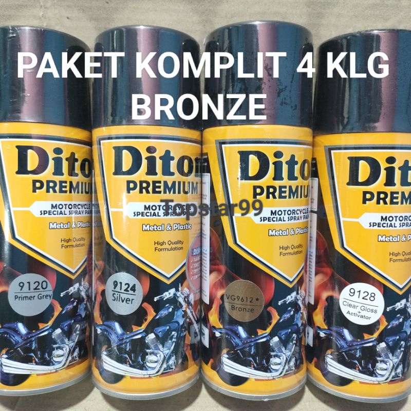 Pilok Cat Diton Premium Paket Komplit 4 Kaleng Bronze Perunggu 9612 Primer Grey 9120 Silver 9124 Clear Gloss 9128 400cc Pilox Paketan Cat Semprot Special Spray Paint