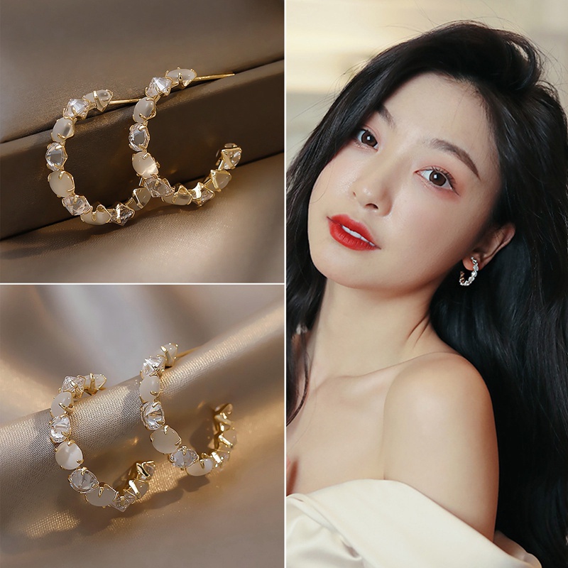 Fancyqube Anting Hoop Opals Gaya Korea Untuk Wanita
