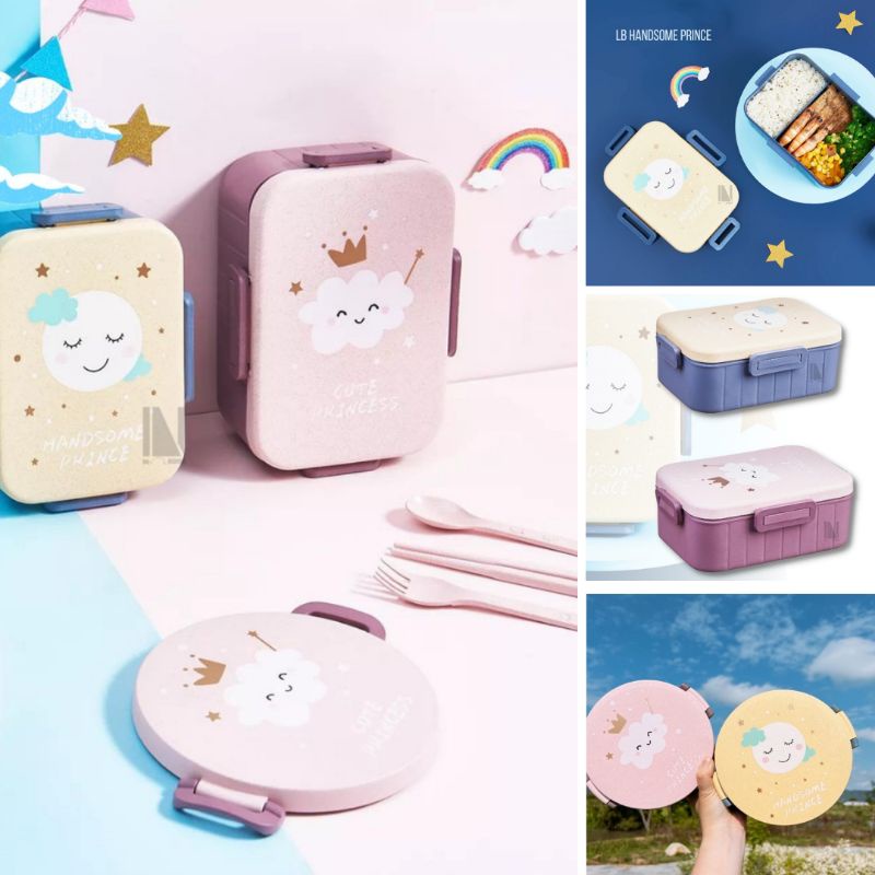 S22 Lunch Box Anak Cute Princess Motif Awan Bulan / Tempat Makan Sekat / Kotak Bekal / Bulat