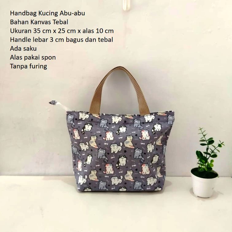 TAS KANVAS HANDBAG KANVAS BESAR MOTIF KUCING ABU-ABU. Riens Collections