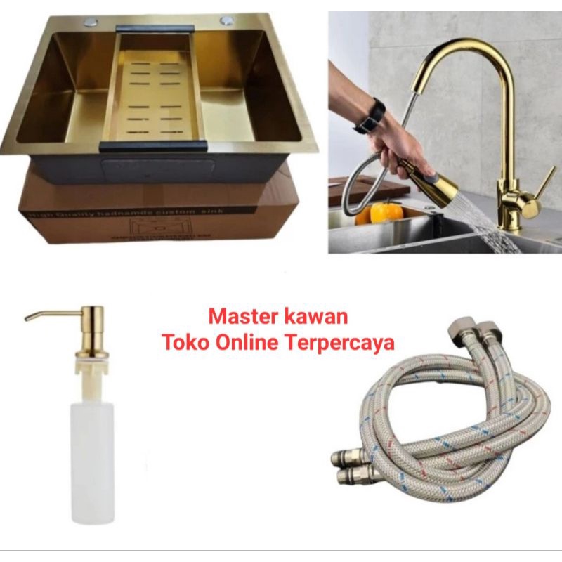 Jual Paket Lengkap Kitchen Sink Stainless Gold Kran Tarik Gold