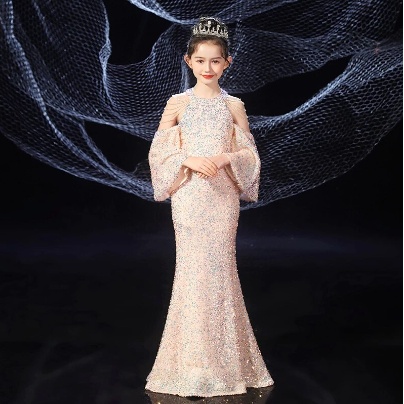 Gaun anak - Gaun Pesta Panjang Seluruh Payet untuk Anak Perempuan Gaun Vintage Kontes Malam Seksi El