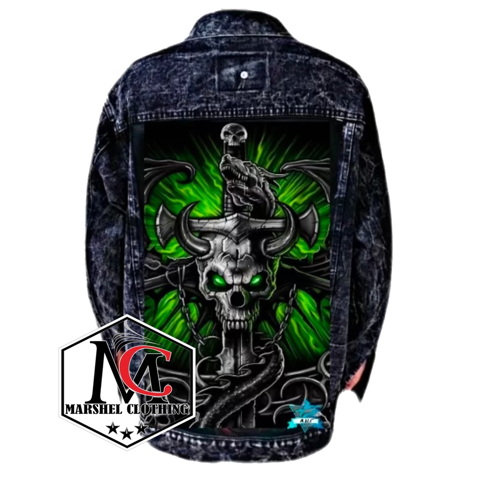 RCL - Jaket Jeans Printing Sanwash Hitam Ghosh Hijau Rantai