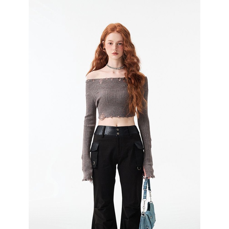 Suhao 1JINN STUDIO Ringan dan ramah kulit warna solid sweater tipis satu bahu robek rajutan atasan pendek trendi