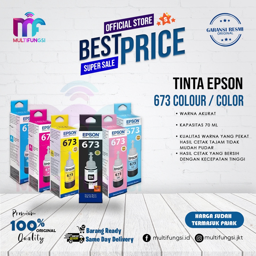 Tinta Epson 673 C, Y, M, K, LC, LM Original 100% Black Colour / Color