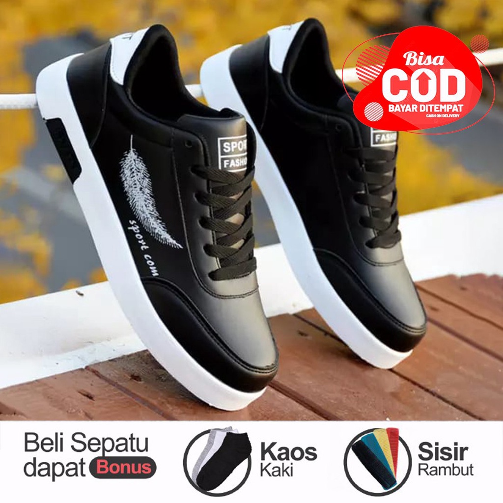 SEPATU COWOK HITAM POLOS KEREN KASUAL UNTUK SEKOLAH BONUS KAOS KAKI DAN SISIR