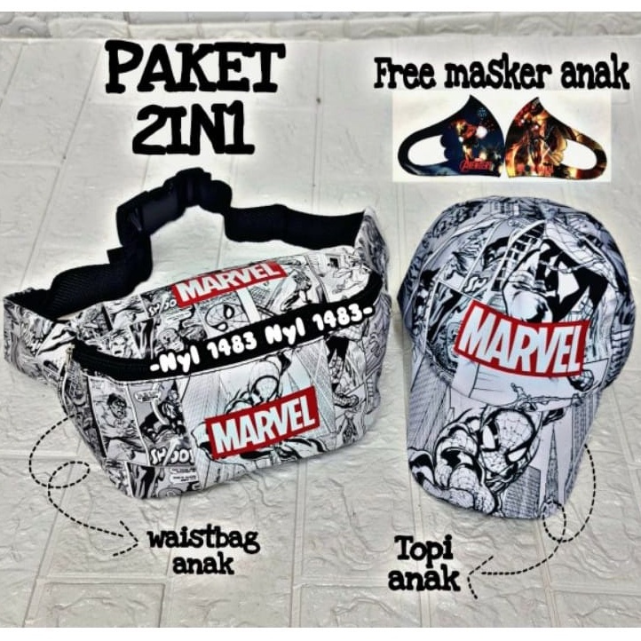 &quot;aurabagss&quot; - Beli 1 Dapat 2 Tas Anak Set 2 In 1 Waist Bag &amp; Topi Anak Laki-laki Motif SuperHero Bisa COD