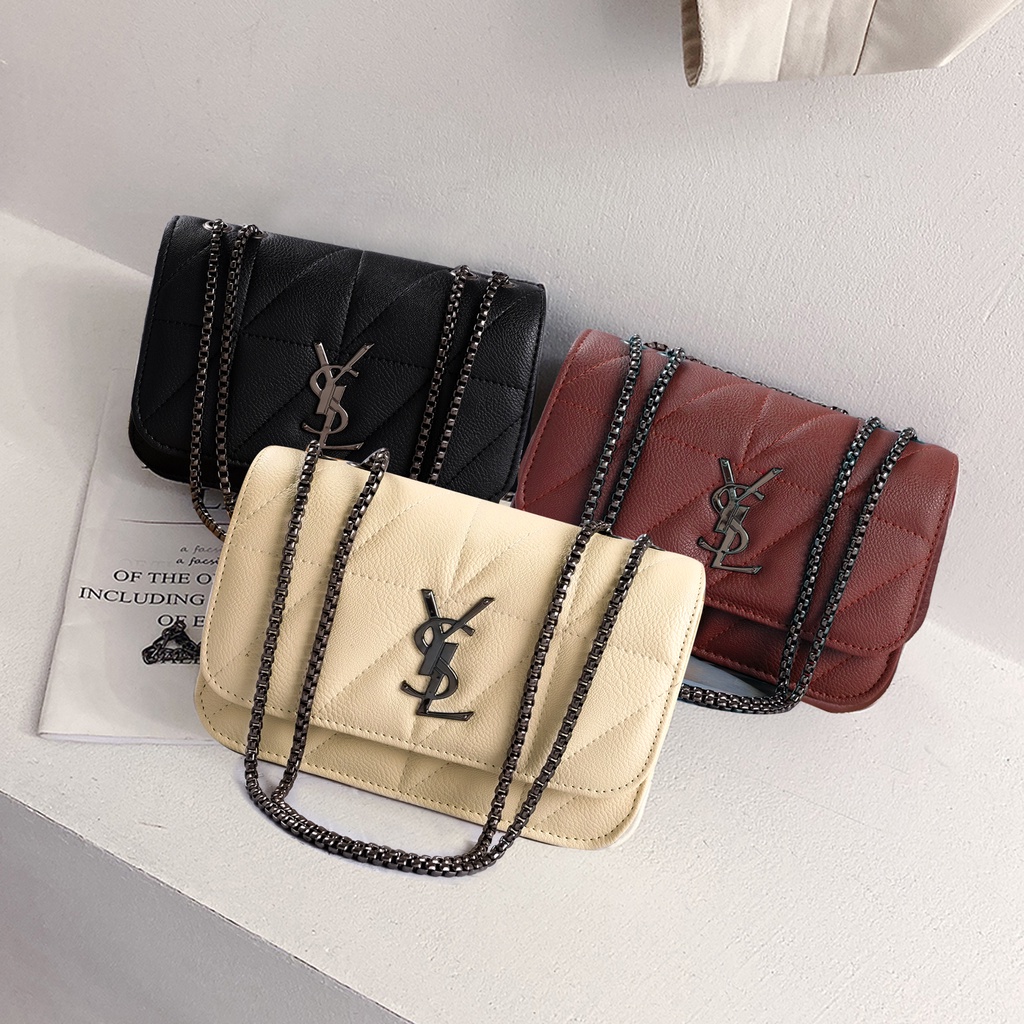 Tas selempang wanita kulit sintetis polos tas pesta wanita kekinian shoulder bag tali rantai hitam terbaru