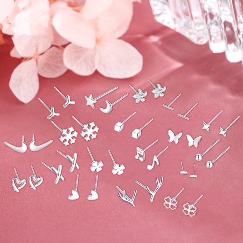 Roselife Anting Tusuk Silver S925 Gaya Korea Bentuk Geometri Clover / Hati / Bulan / Bintang / Butterfly Untuk Wanita