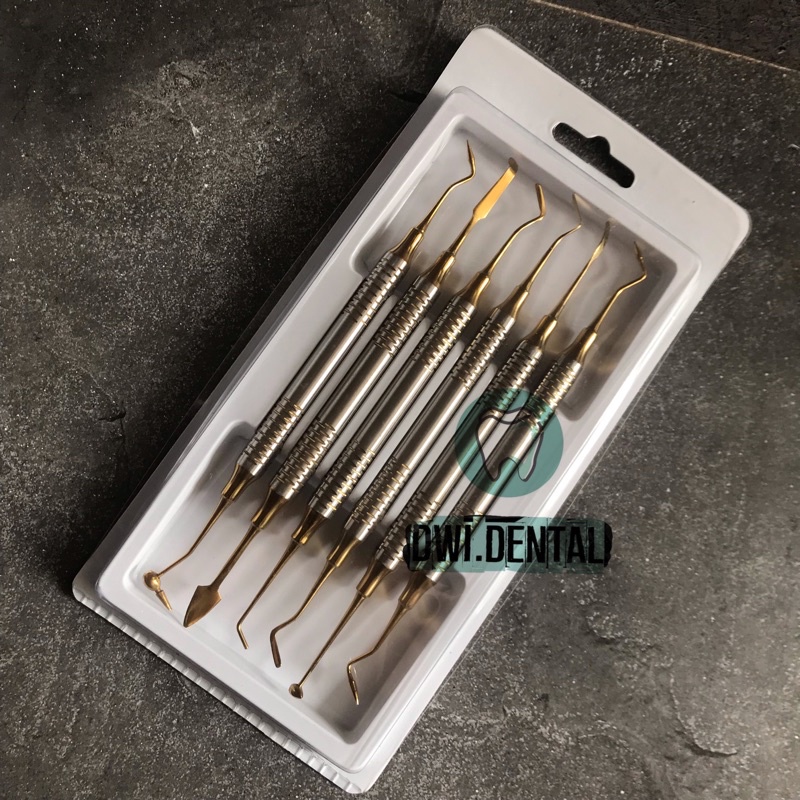 Dental set instrumen filling composite biru/ gold anti lengket