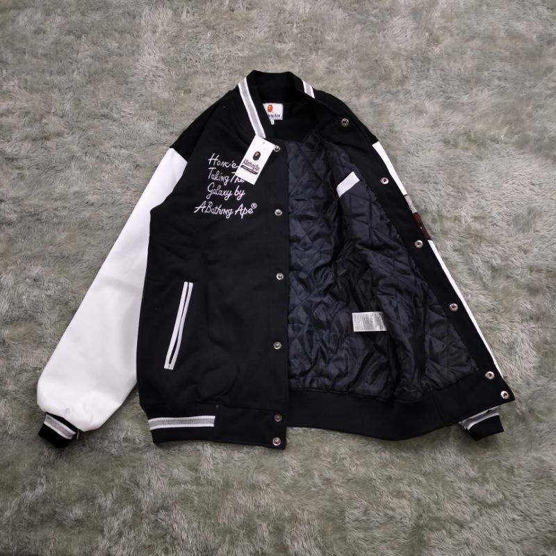VARSITY JACKET BAPE ARCHIVE PATCH PUFFER BORDIR HITAM LENGAN KULIT AUTHENTIC FULLTAG &amp; LEBEL