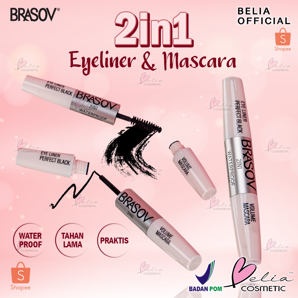 ❤ BELIA ❤ BRASOV 2IN1 Volume Mascara &amp; Eyeliner Perfect Black Waterproof | Mascara | Maskara | Eye liner Pen | BPOM