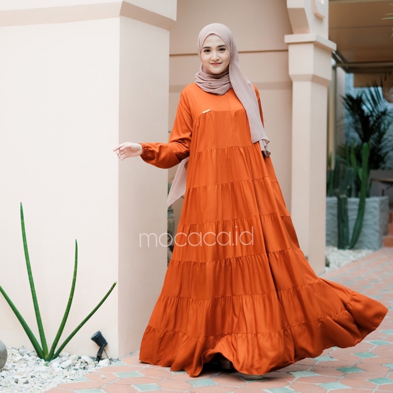 dress premium 7 susun teracota orens otanye orange non busui sleting belakang bisa untuk prewed pre wedding lengan wudhu friendly flare flowy adem super lebar