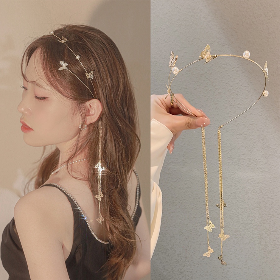 Bando Model Butterfly Aksen Mutiara Dan Berlian Imitasi Bahan Alloy Gaya Korea Untuk Wanita