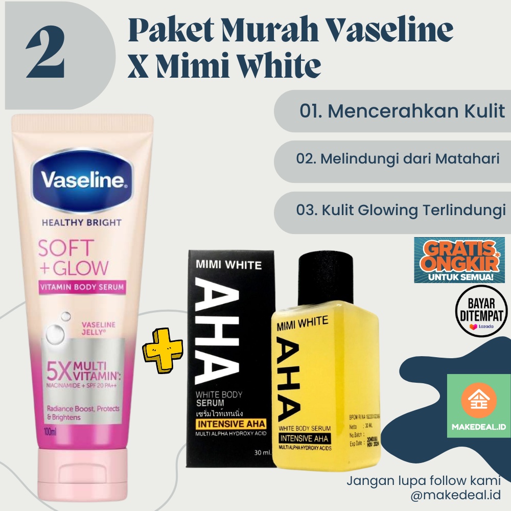 (Paket Murah) Vaseline Hand Body Lotion 100 ml X Mimi White Body Serum AHA Serum Kulit serum badan s