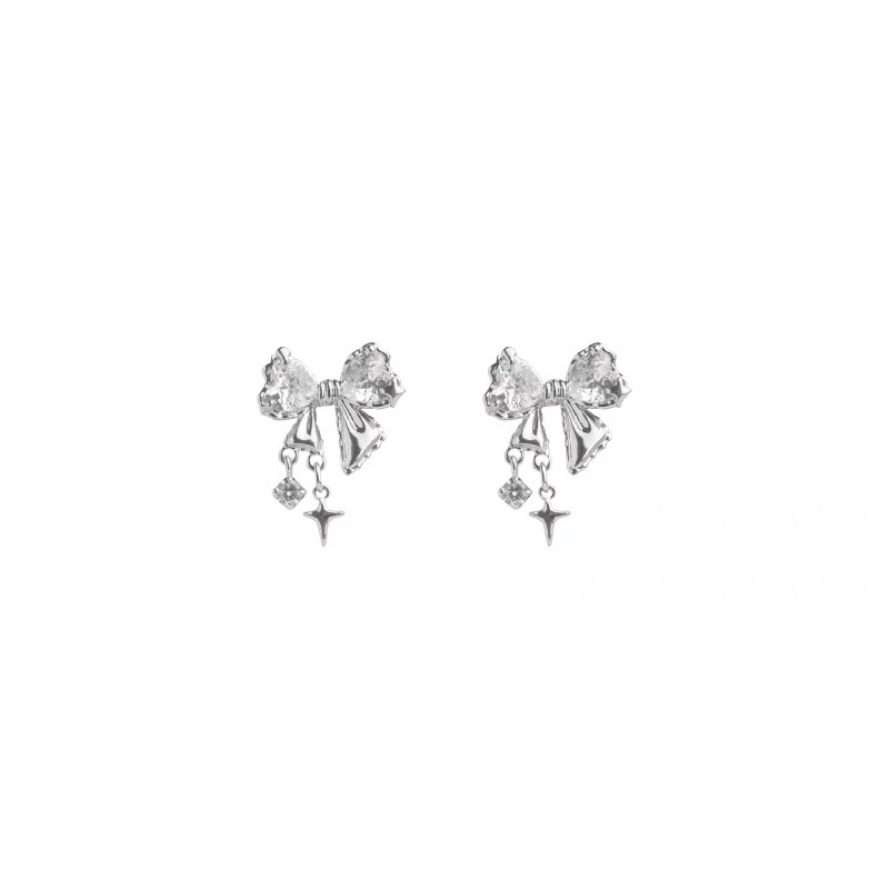 Anting Tusuk Kristal Silver Korea Lucu Bow Earring Untuk Aksesoris Perhiasan Wanita