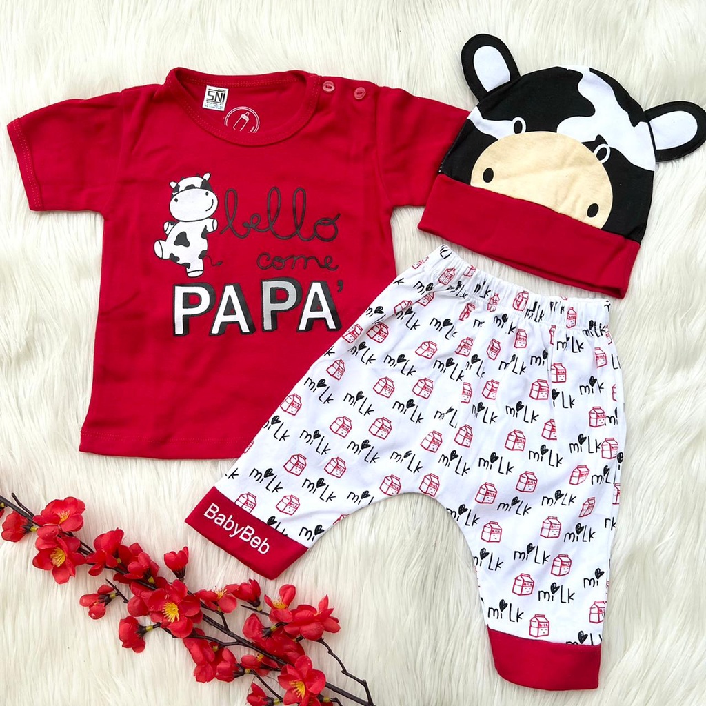Baju setelan kaos celana topi motif sapi pergi jalan lucu fashion anak bayi cowok laki murah -pap
