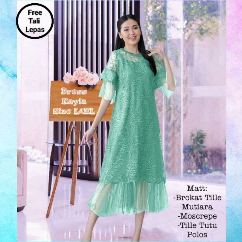 Dress Pesta Wanita Midi Terbaru Elegan/Dress Nayla Size L dan XL Matt Brokat Tille Mutiara Mix Moscrepe dan Tille Dot/Dress Pesta dan Natal Remaja Kekinian Viral/Good Quality