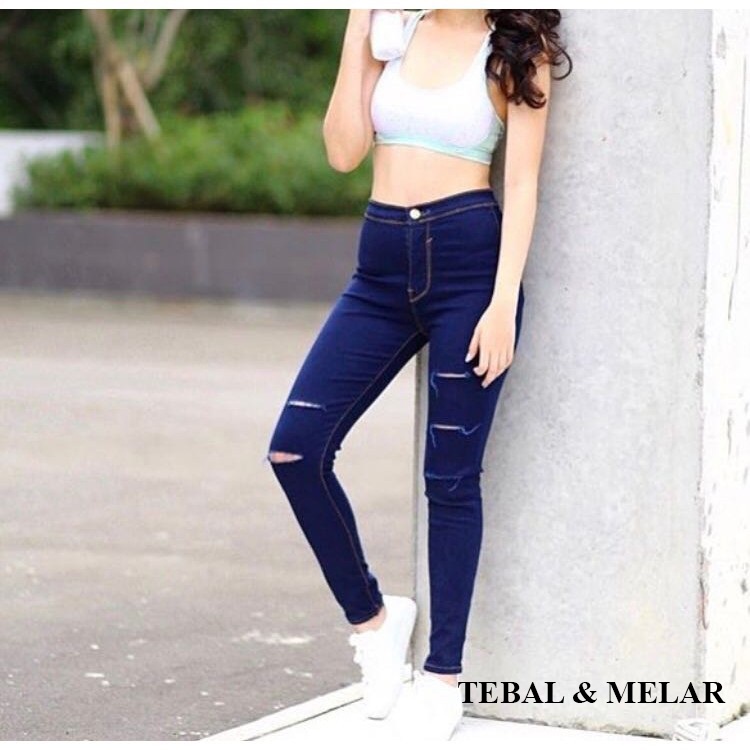 CELANA HIGHTWAIST DONGKER SOBEK BAHAN JEANS TEBAL LEMBUT MELAR