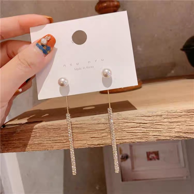 Anting Panjang Bahan 925 Silver Needle Aksen Mutiara Berlian Gaya Korea Untuk Wanita