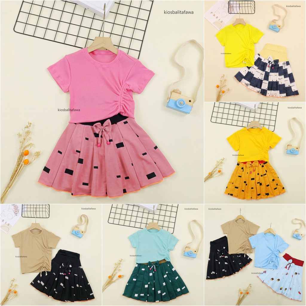 Setelan Mixed Bianca uk 2-5 Tahun / Set Kaos Knit Polos Anak Perempuan Baju Serut Rok Balita 2-5 Years Murah Babycinnamon