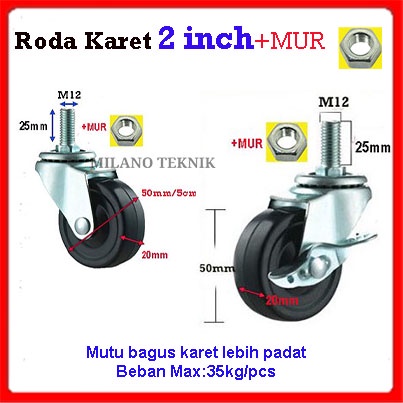 Roda 2 inch Karet Screw + MUR Troli rubber Furniture etalase troly 2&quot;