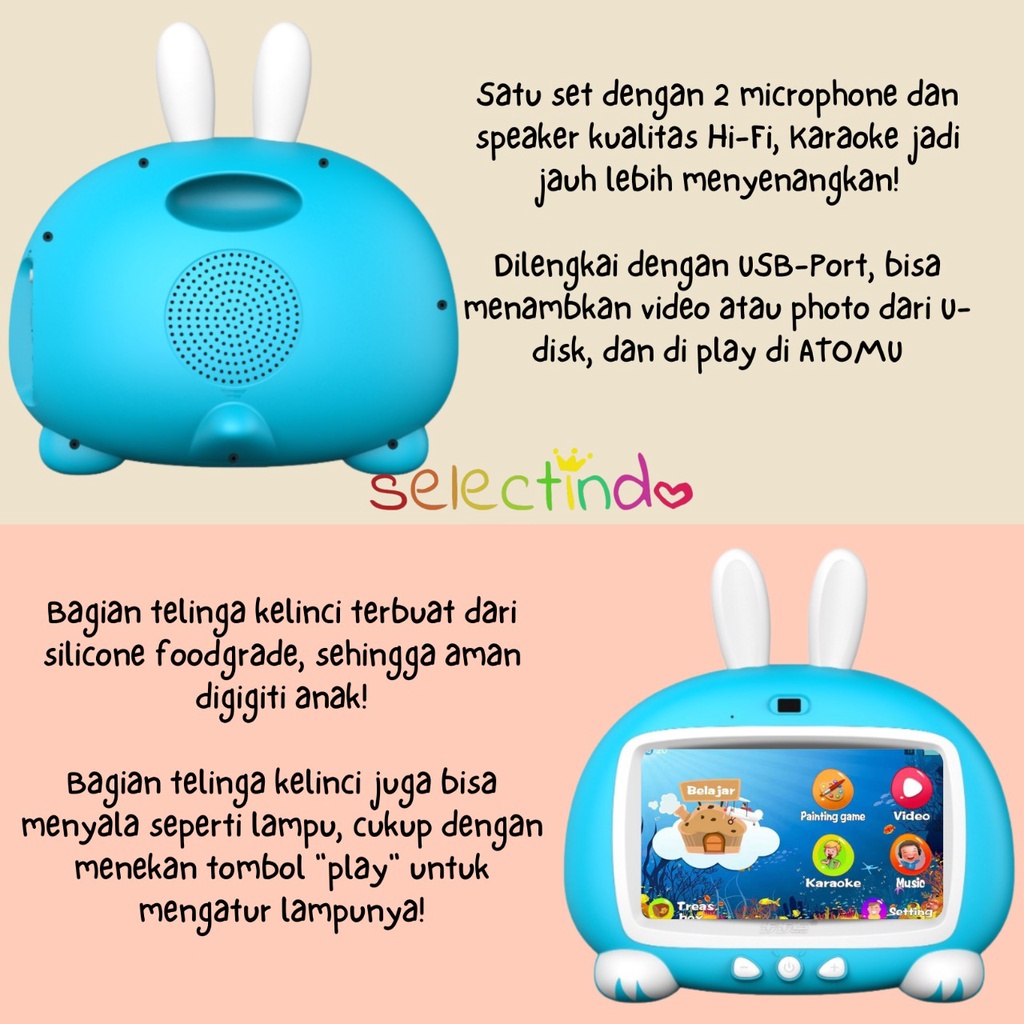 Atomu Smarty Bunny / Mainan Anak Karaoke / Video / Musik / Kartun / Drawing / Game / Edukasi / 7'' Touch Screen / USB Bisa