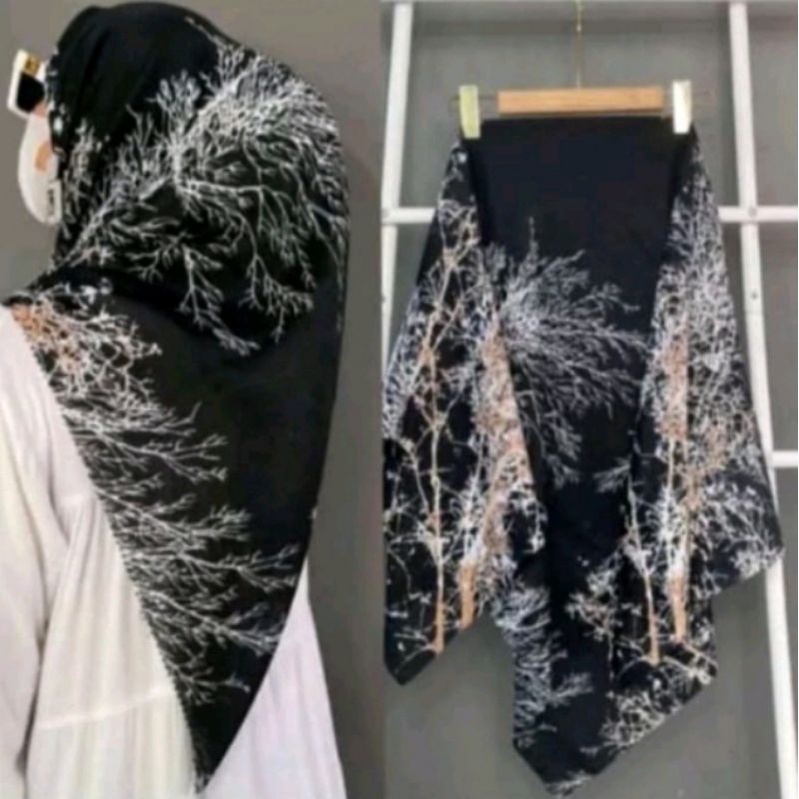 Hijab Segiempat motif Ranting hitam/ Kerudung Segi Empat Motif Ranting hitam