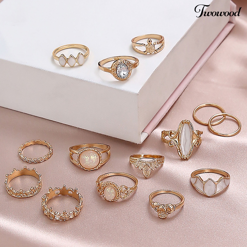 14pcs Cincin Knuckle Model Hollow Stackable Bahan Alloy Aksen Permata Imitasi Gaya Etnik