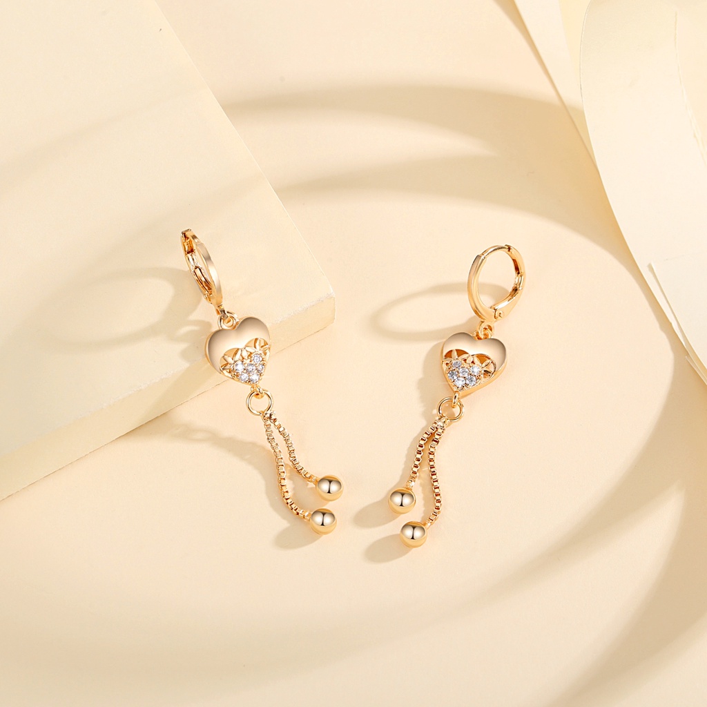 Y787 【Barang spot】Anting Titanium Korea 18k Lapis Emas Zirkon Anti Karat Hati Anting Panjang Rumbai Aksesoris Fashion Murah
