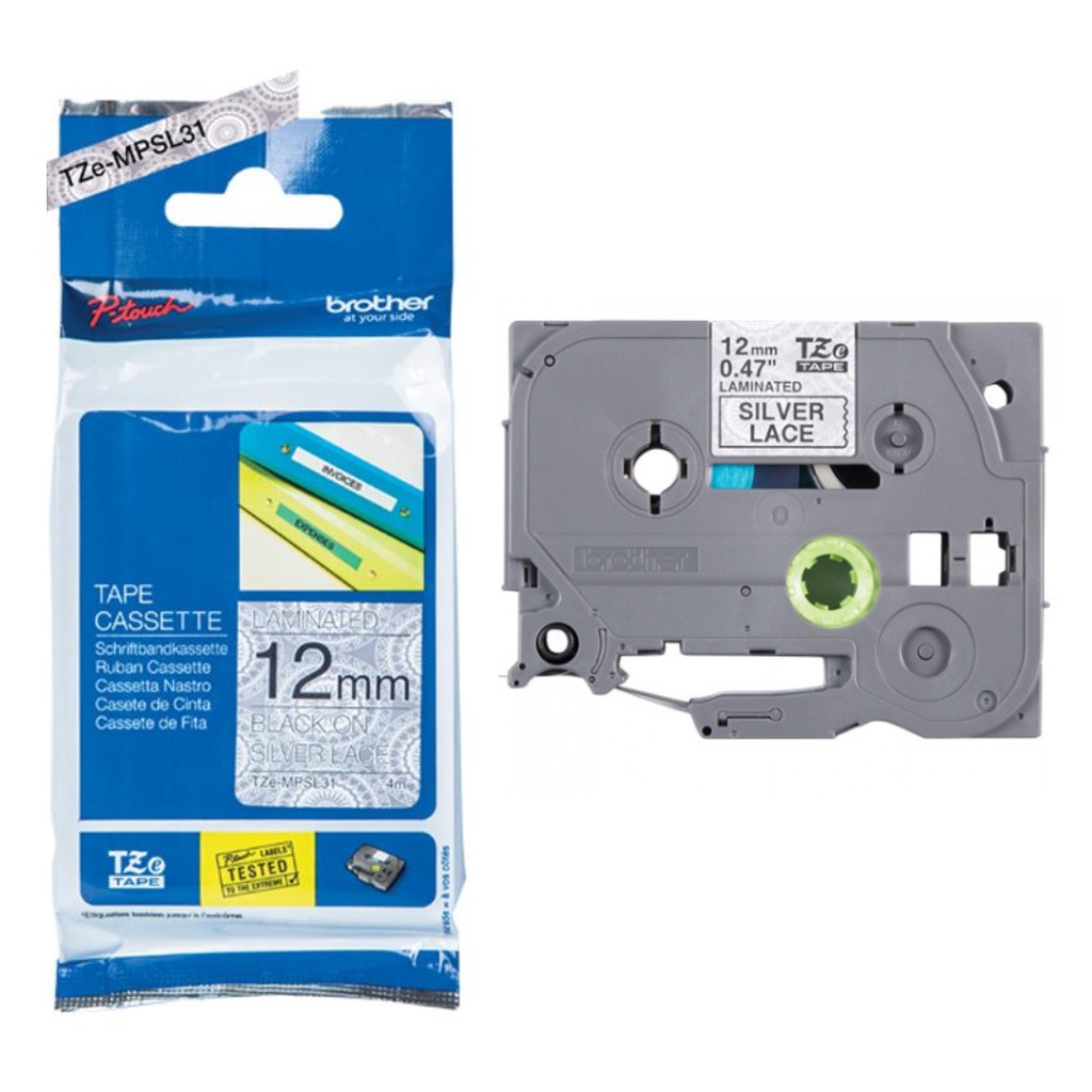 

BROTHER TZE-MPSL31 12MM BLACK ON SILVER LACE PATTERN (4 METER) TZE MPSL31