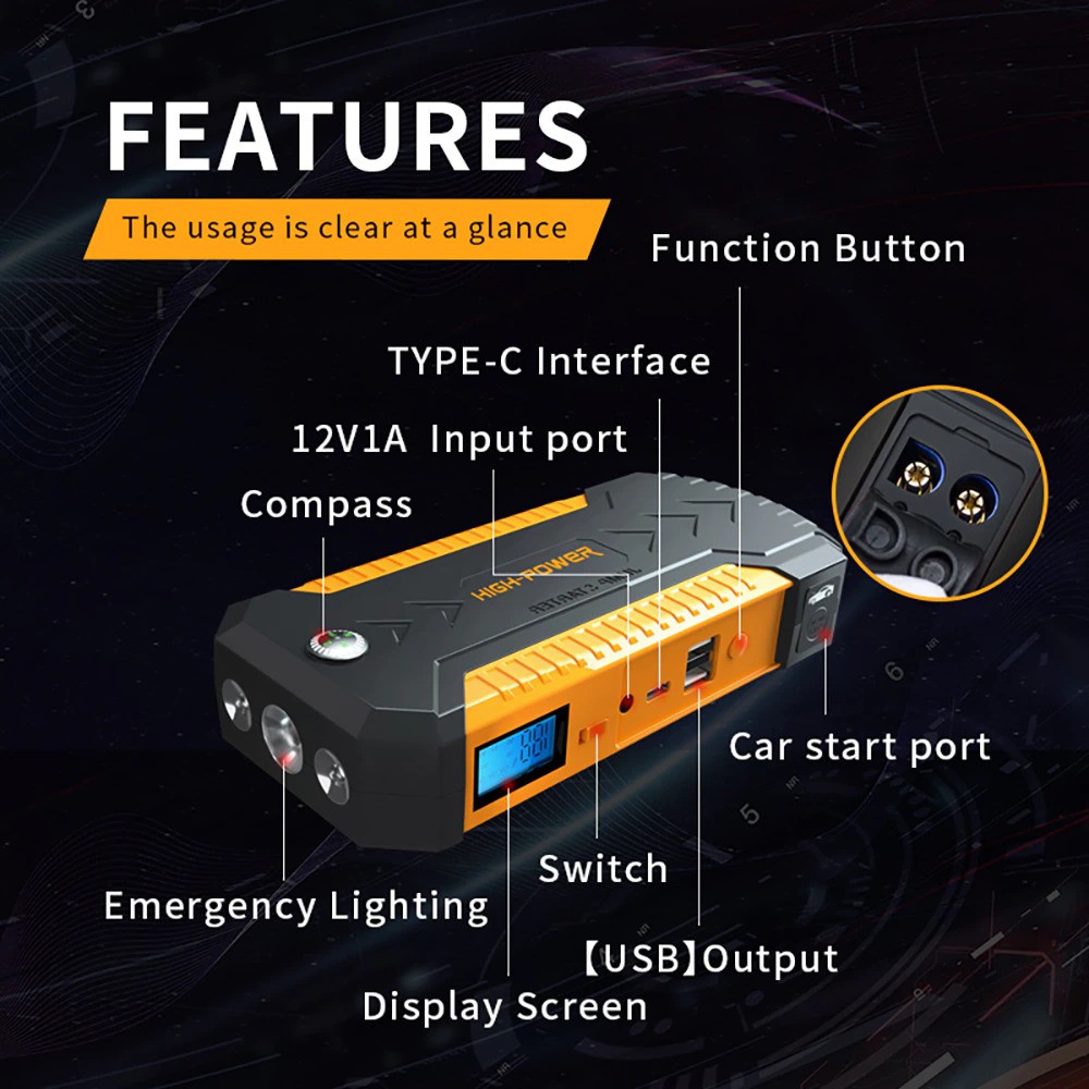 Jumper Starter Mobil Power Bank 20000mAh USB 2 Port dan Senter