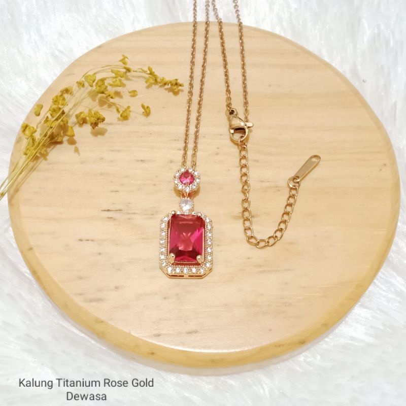 TB-TSDR021. Kalung Titanium dewasa Rose Gold merah dgn mata zircon anti karat