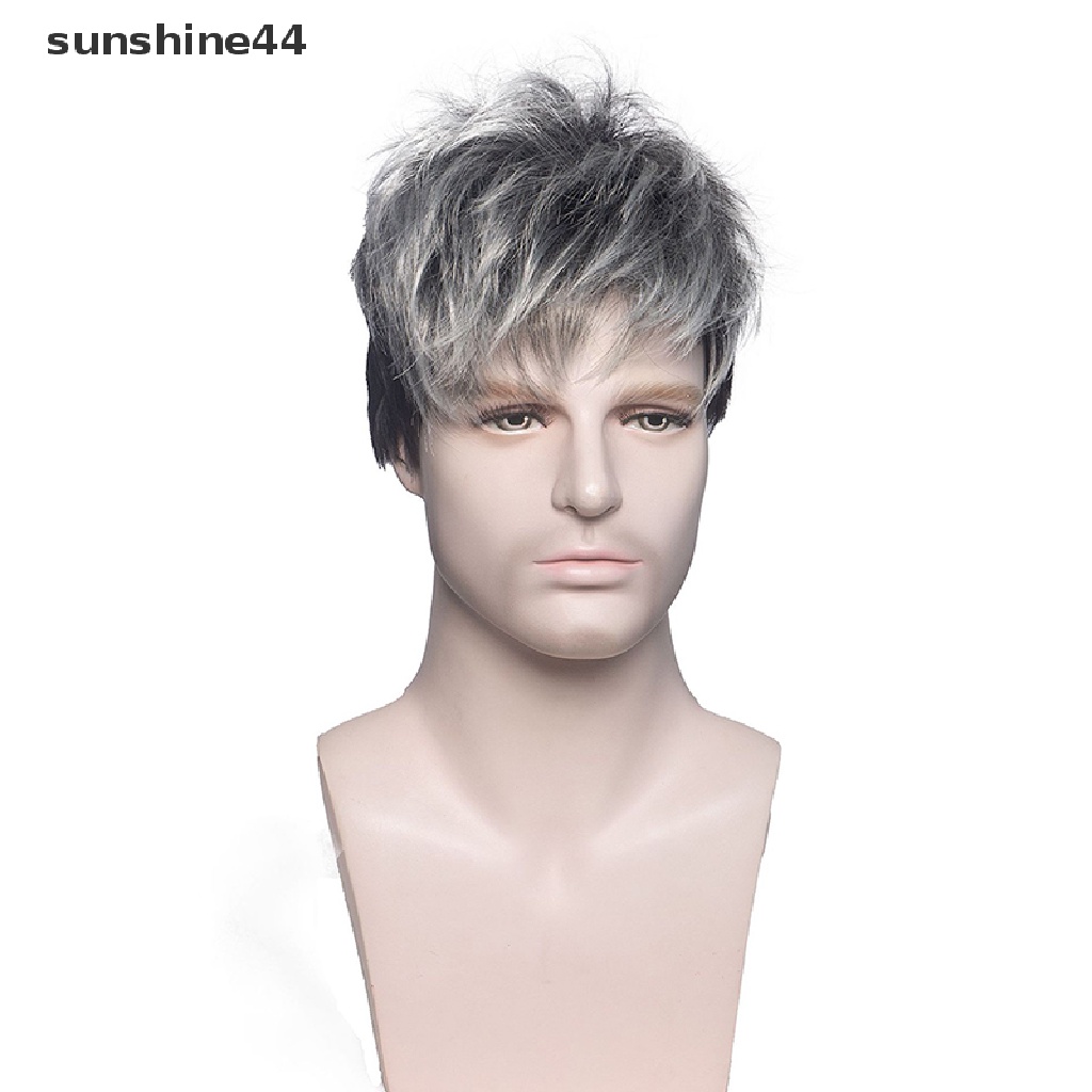 Sunshine Wig / Rambut Palsu Pria Model Pendek Keriting Warna Abu-Abu Tua / Coklat Tua