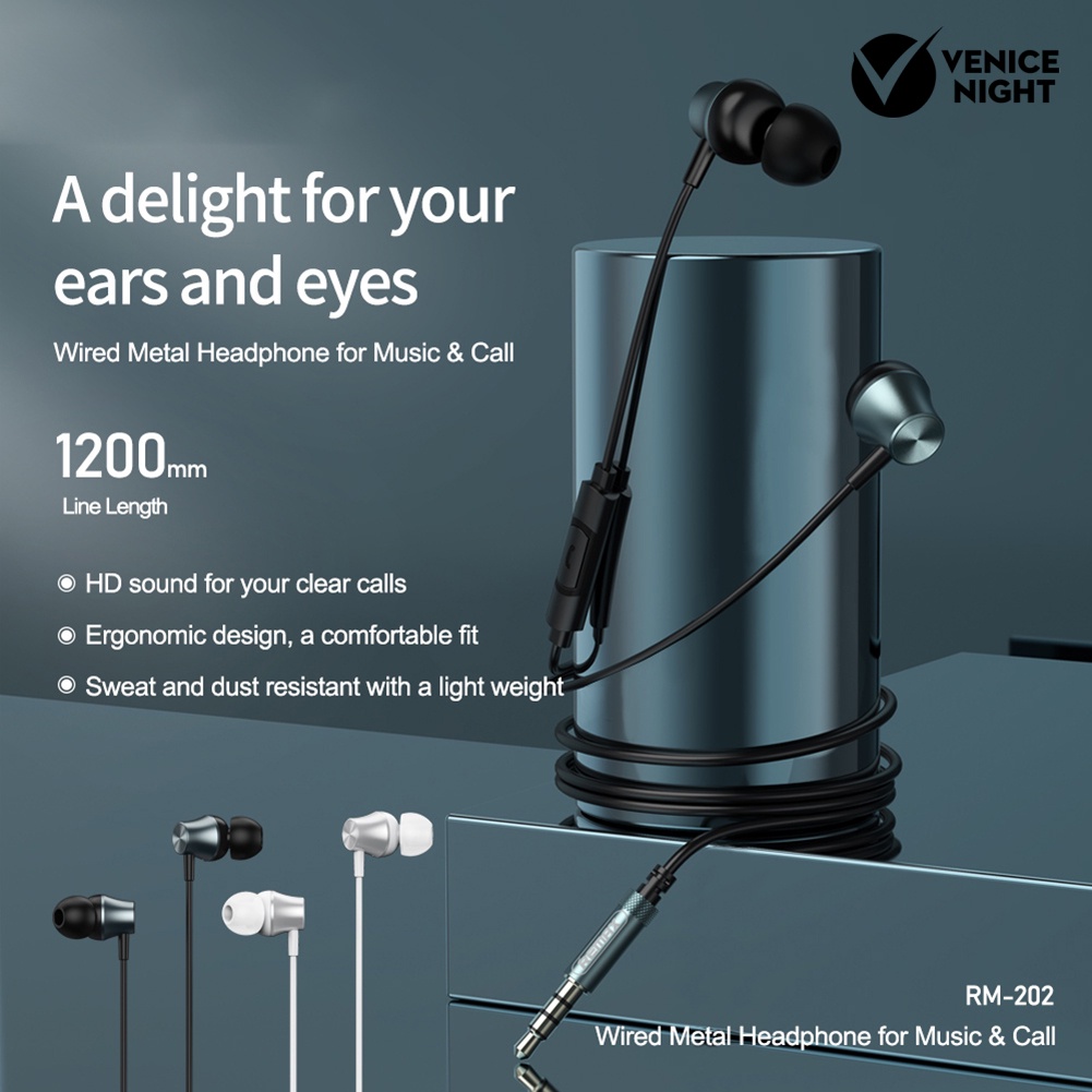 (VNEP) (Berkabel) Remax RM-202 Musik Stereo Ponsel Earphone In-ear Headset dengan Mic