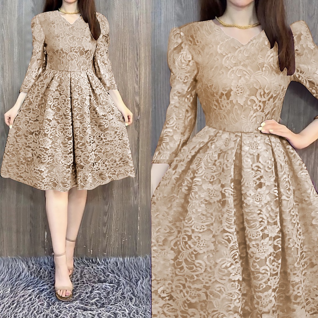 REALPIC 3 UKURAN M L XL DRESS AGNES FASHION PAKAIAN WANITA DRESS GAUN MIDI BRUKAT LAPIS FURING KR